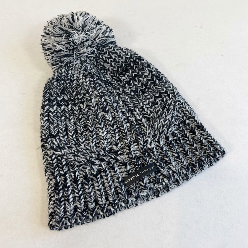 Rebecca Minkoff Chunky Knit Pom Pom Beanie Hat Black Marled One Size Womens Warm